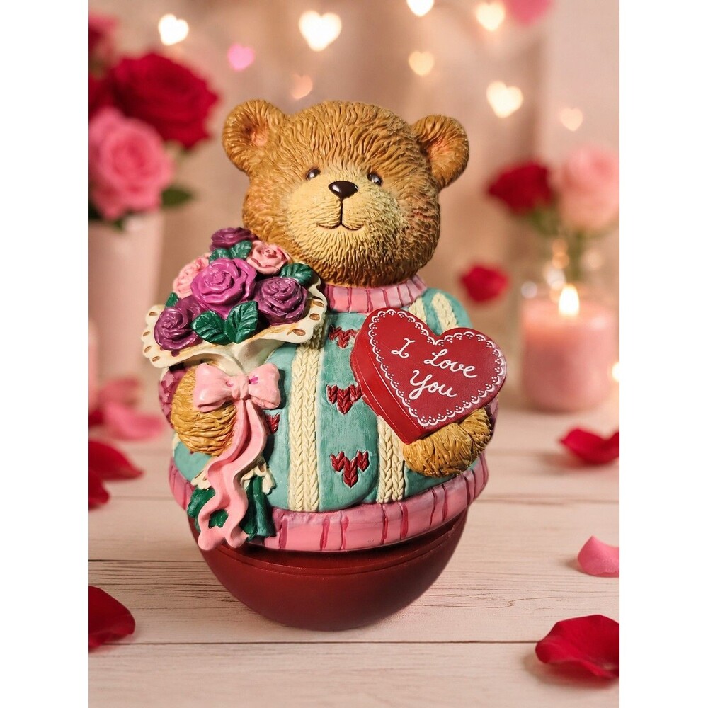 Valentine Teddy Bear Musical Figurine Music Box “I Love You” Roses 6"
